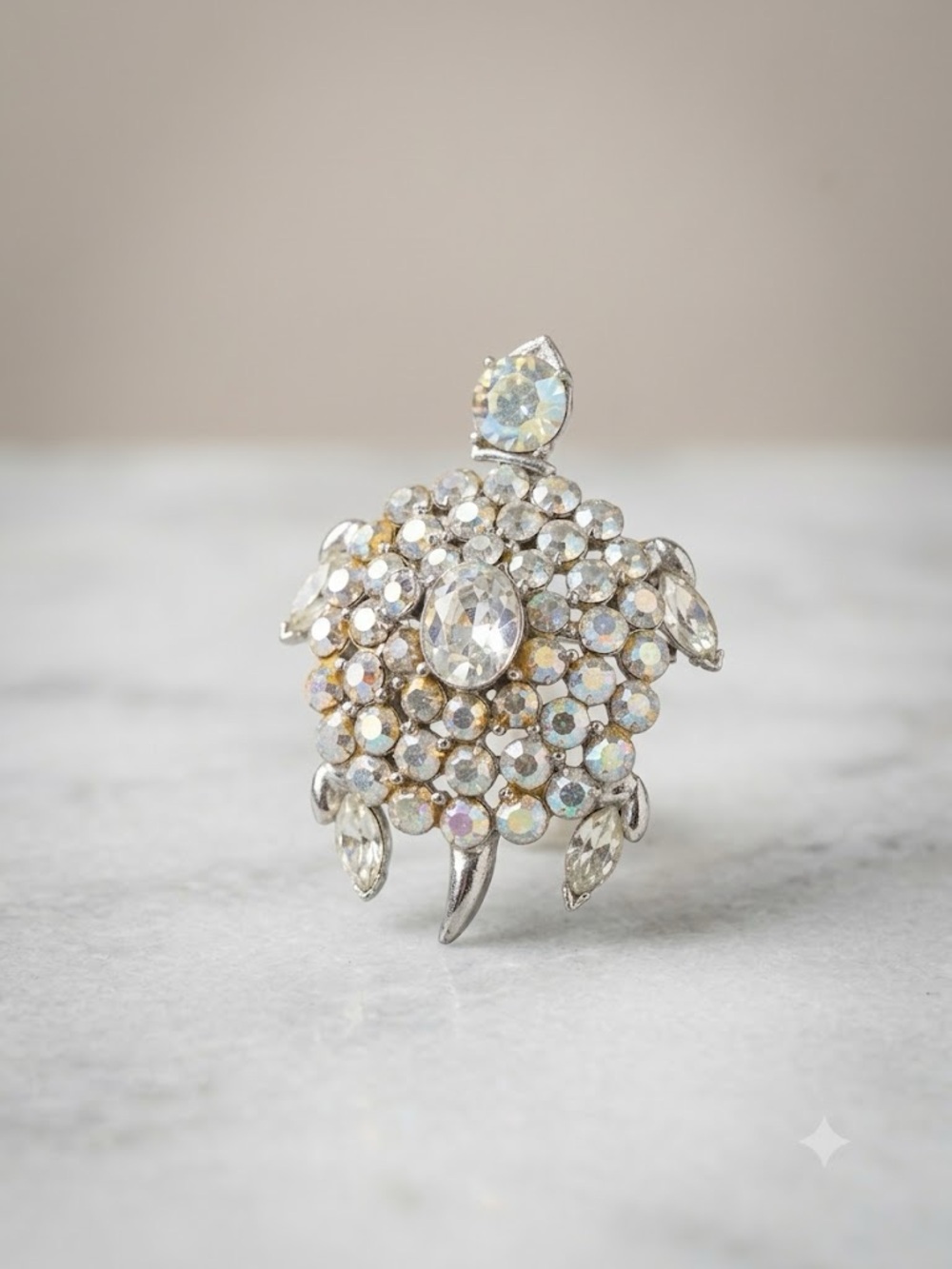 Vintage Rhinestone Turtle Brooch - Silver Clear Crystal